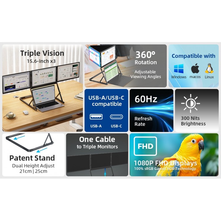 Üçlü ekran Monitor15.6 ''FHD 2K IPS Ultra ince ekran HDMI/USB-C tak-çalıştır PC ekran katlanabilir dizüstü oyun monitörü
